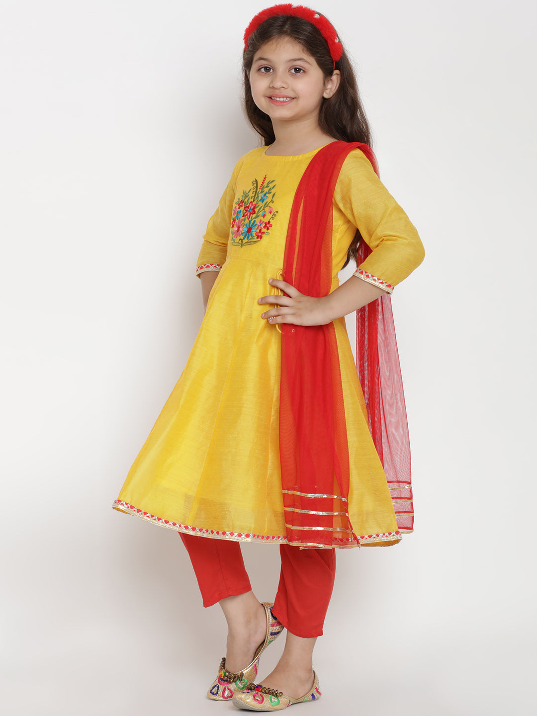 Bitiya By Bhama Girls Yellow & Red Embroidered Kurta With Trousers & Dupatta