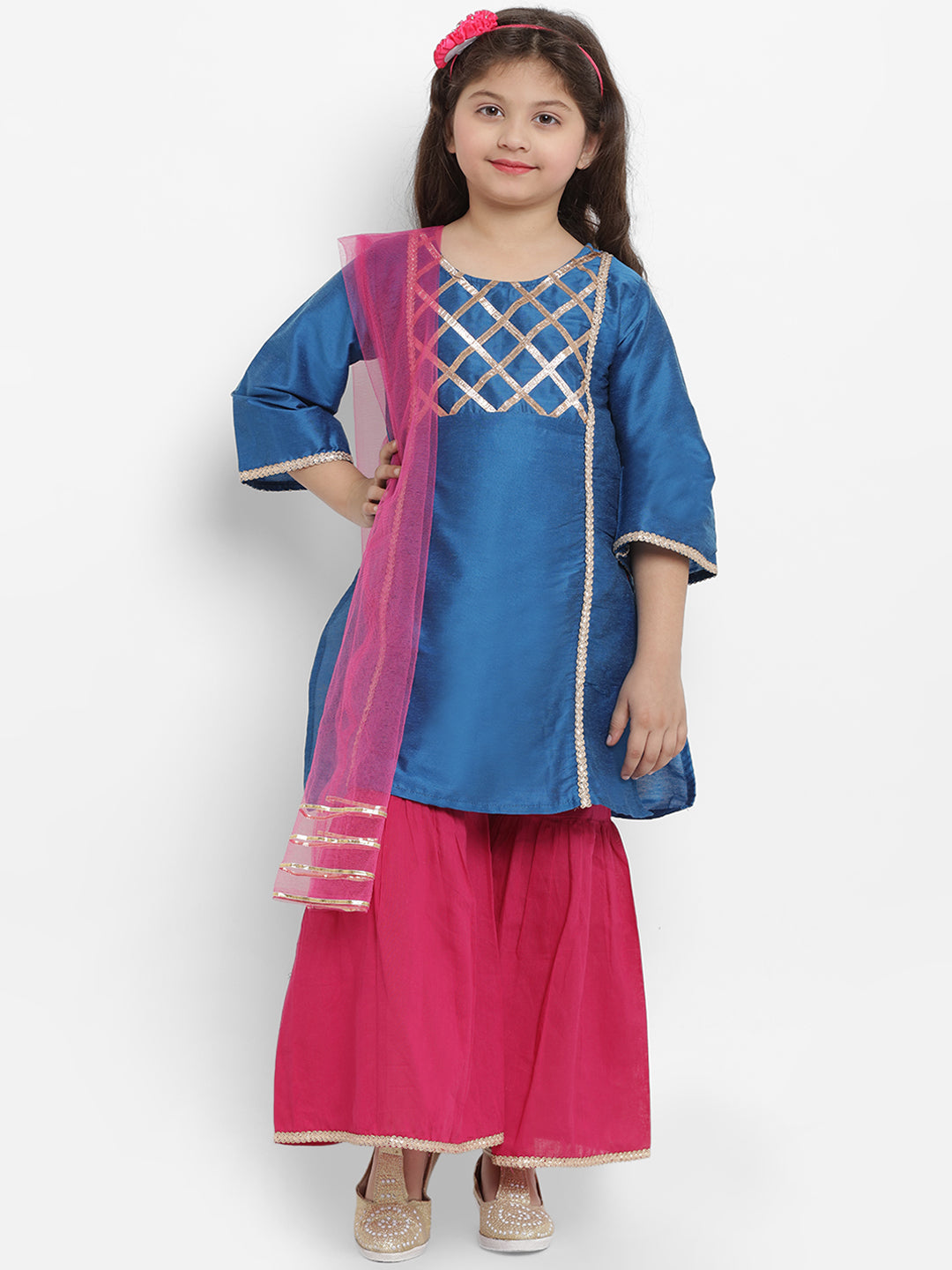 Bitiya by Bhama Girls Blue Angrakha Gotta Patti Dupion Silk Kurta with Palazzos & With Dupatta
