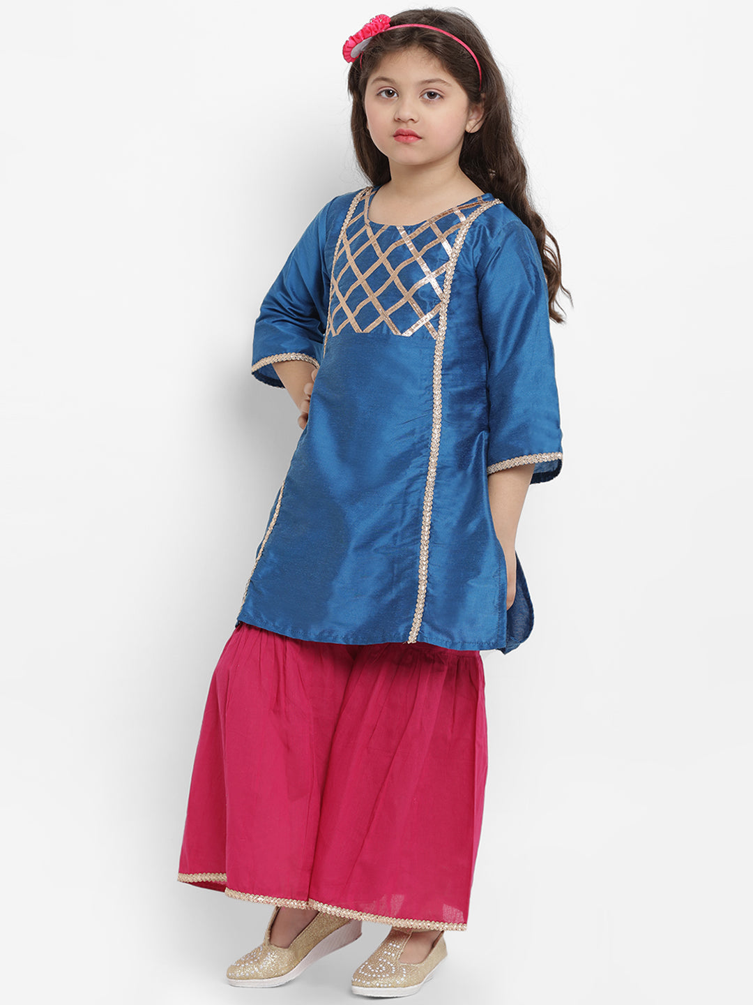 Bitiya by Bhama Girls Blue Angrakha Gotta Patti Dupion Silk Kurta with Palazzos & With Dupatta