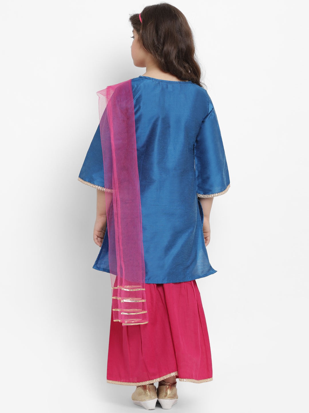 Bitiya by Bhama Girls Blue Angrakha Gotta Patti Dupion Silk Kurta with Palazzos & With Dupatta