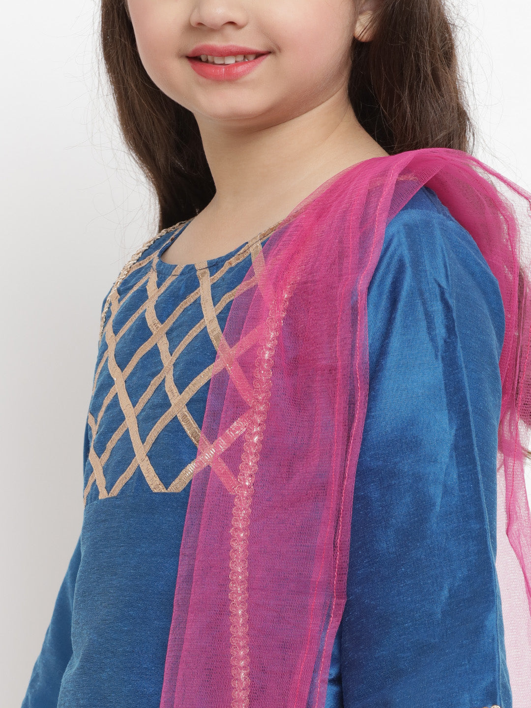 Bitiya by Bhama Girls Blue Angrakha Gotta Patti Dupion Silk Kurta with Palazzos & With Dupatta