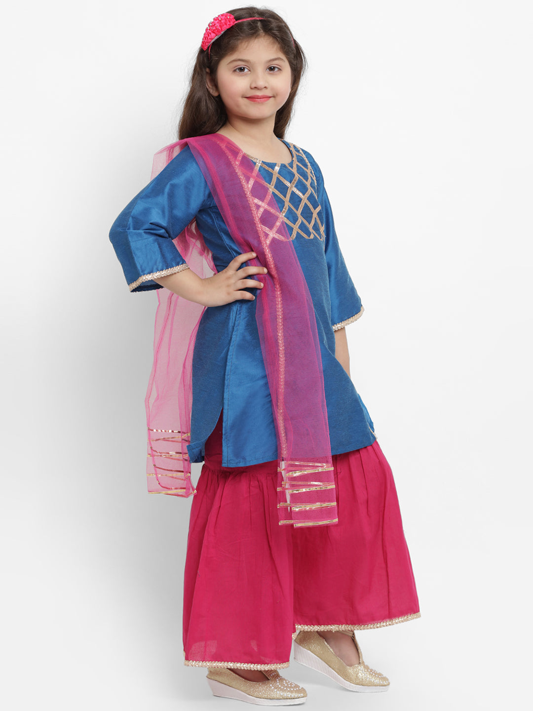 Bitiya by Bhama Girls Blue Angrakha Gotta Patti Dupion Silk Kurta with Palazzos & With Dupatta