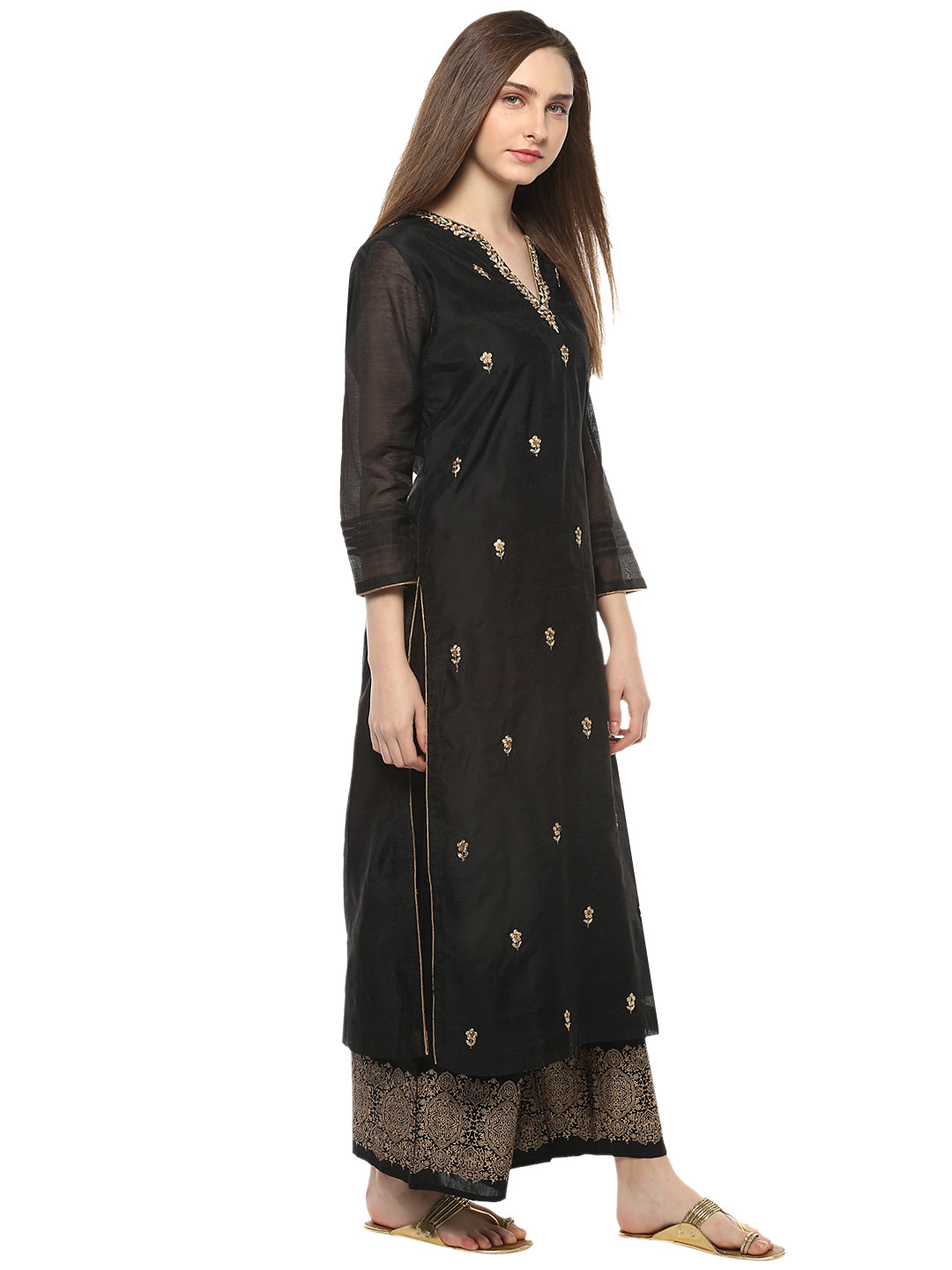 Black And Beige Printed Kurta With Palazzos