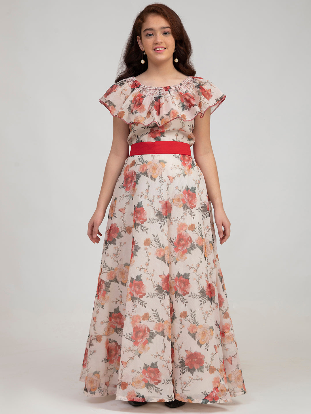 Bitiya By Bhama Girls Off White Floral Printed Fit & Flare Dress