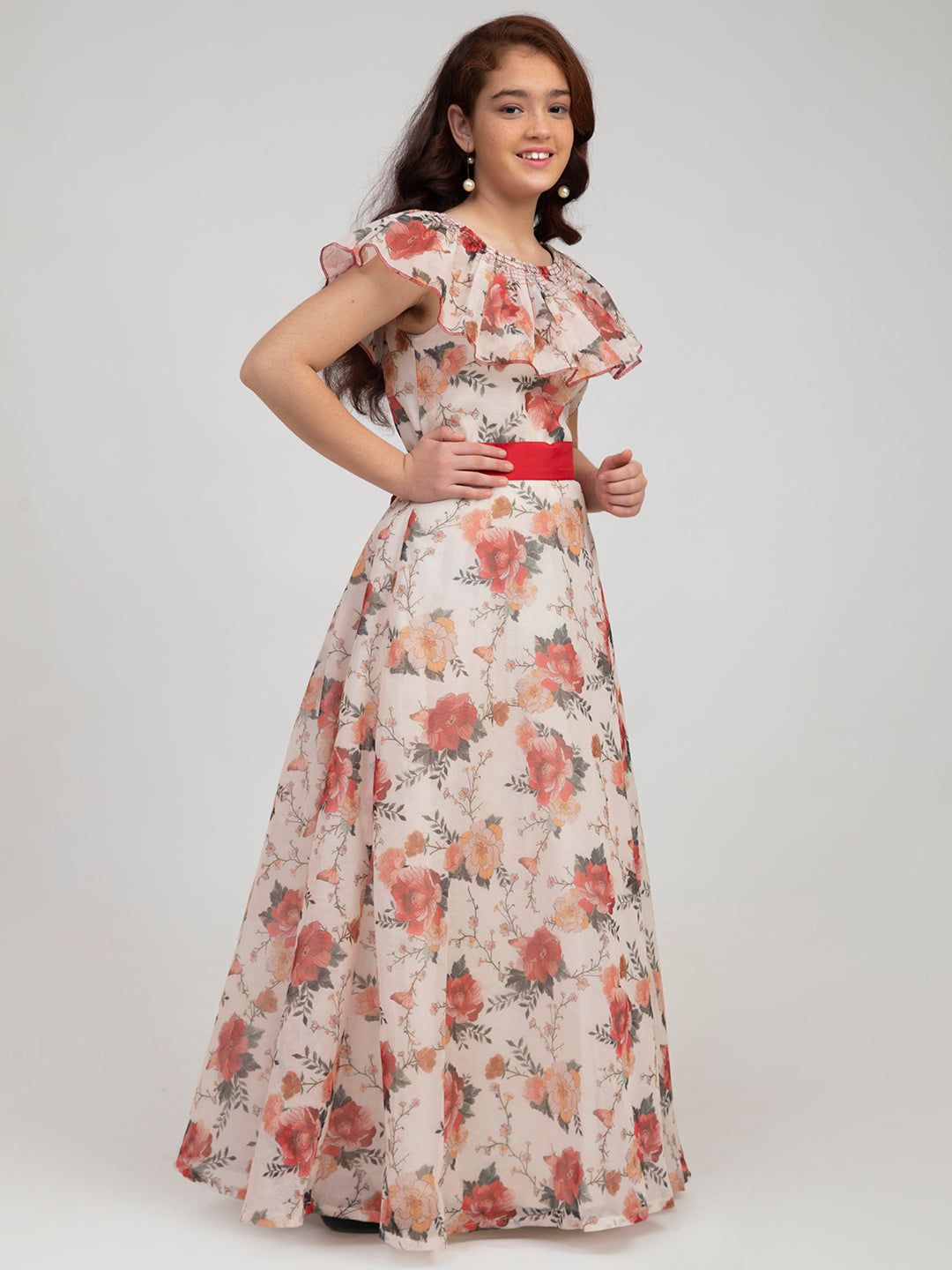 Bitiya By Bhama Girls Off White Floral Printed Fit & Flare Dress
