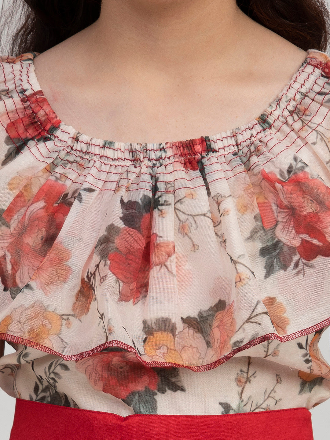 Bitiya By Bhama Girls Off White Floral Printed Fit & Flare Dress
