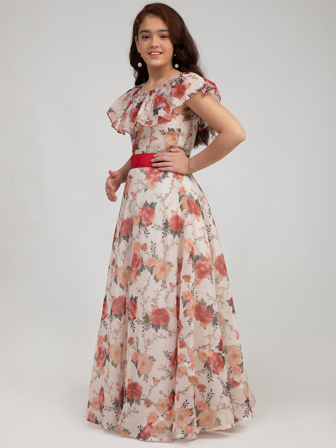 Bitiya By Bhama Girls Off White Floral Printed Fit & Flare Dress