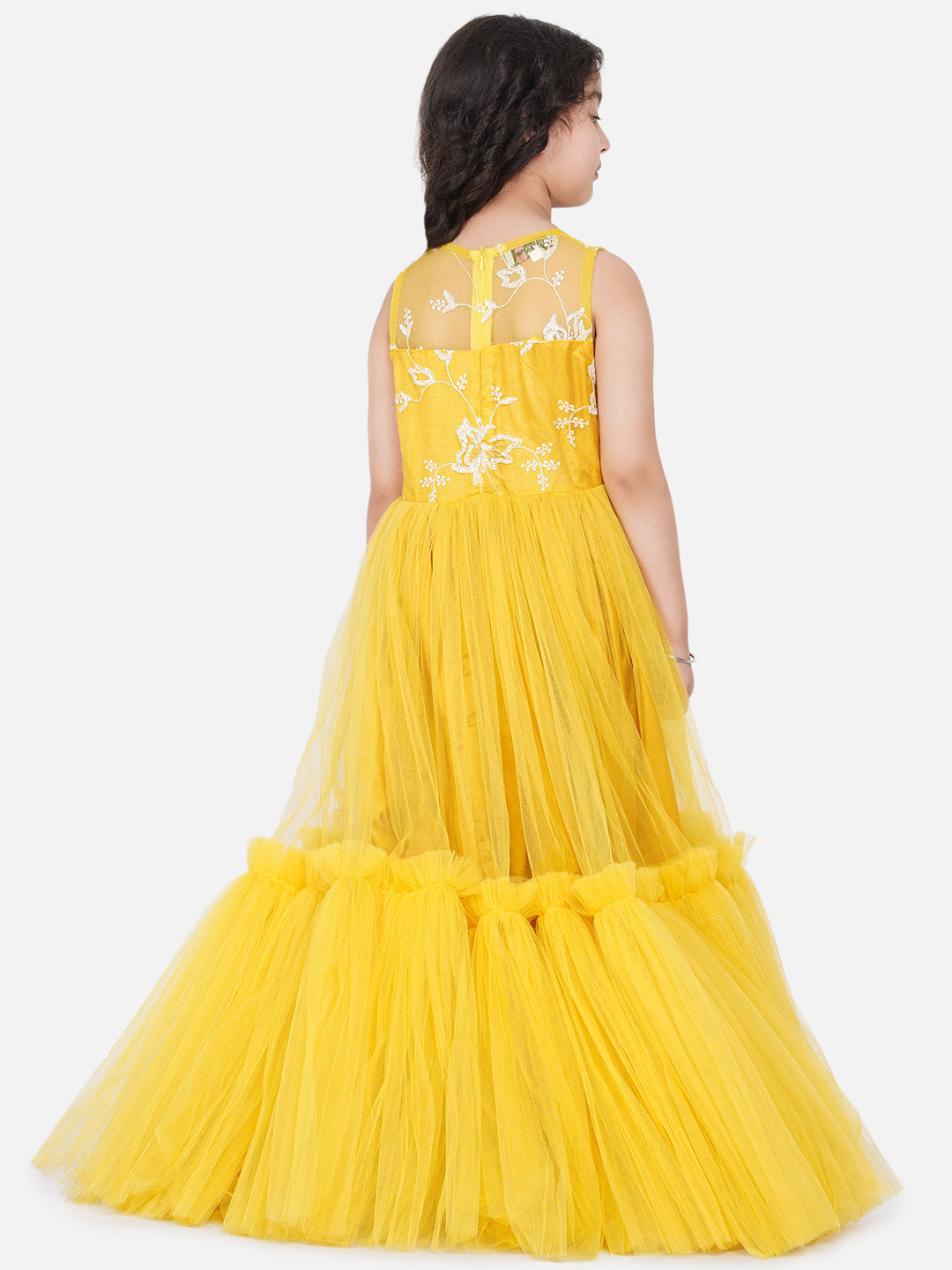 Bitiya By Bhama Yellow Net Embroidered Gown Dress.