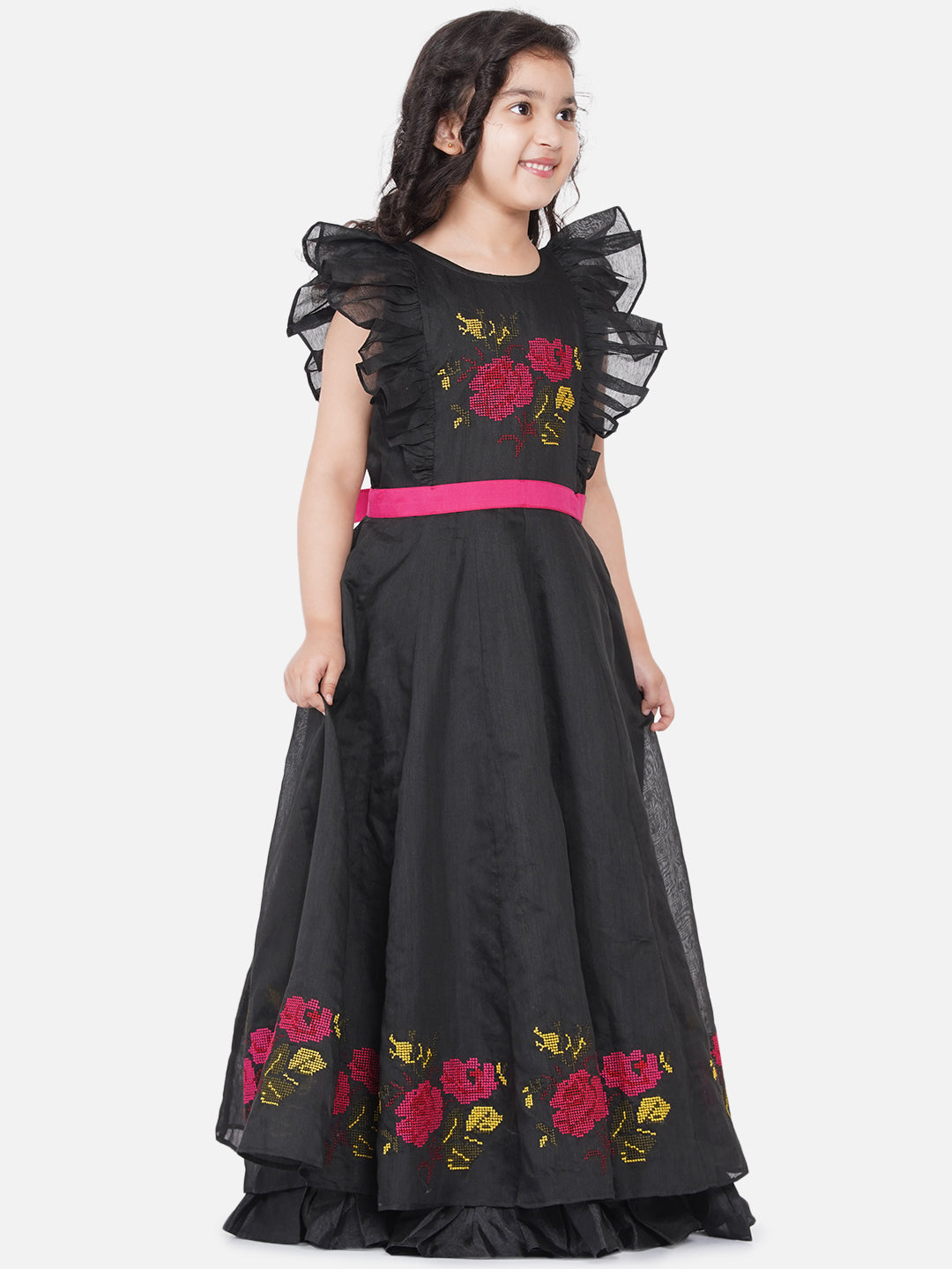 Bitiya By Bhama Girls Black Chanderi Flower Embroidered Party Gown