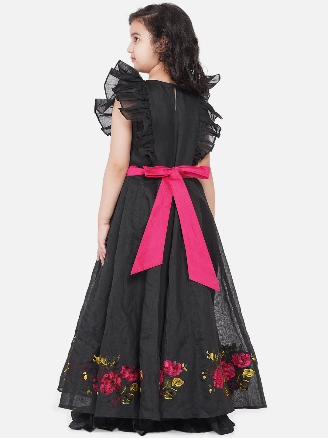 Bitiya By Bhama Girls Black Chanderi Flower Embroidered Party Gown