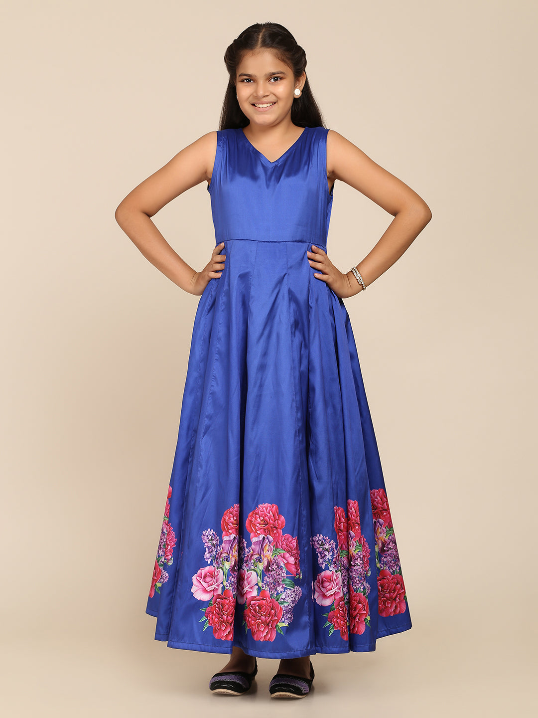 Bitiya By Bhama Girls Blue Digital Print Gown
