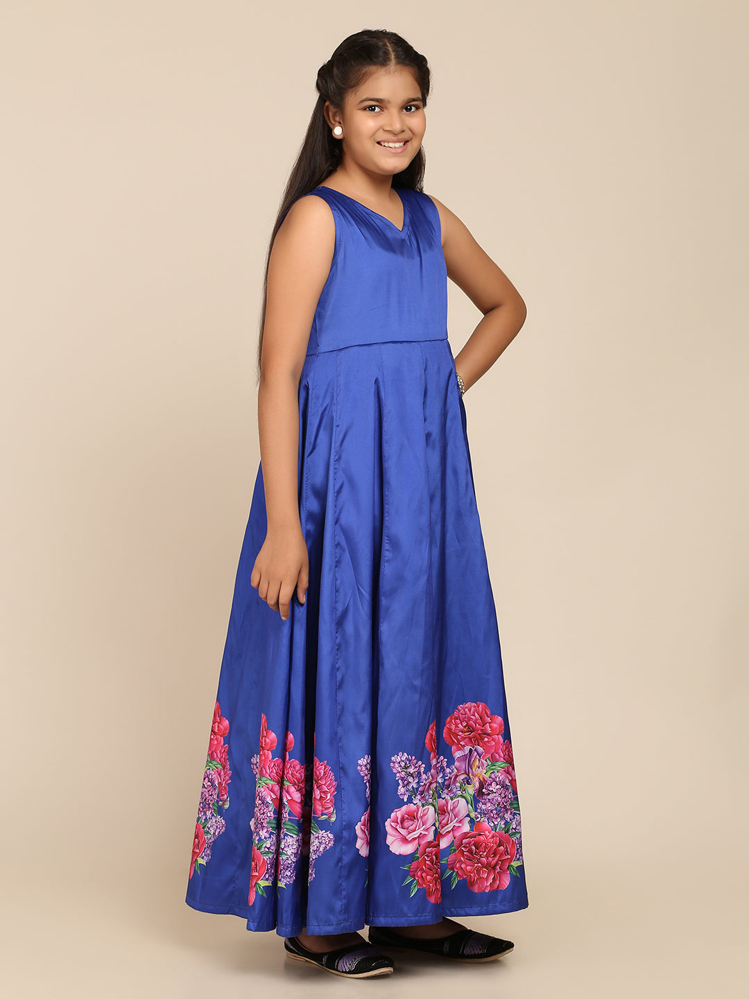Bitiya By Bhama Girls Blue Digital Print Gown