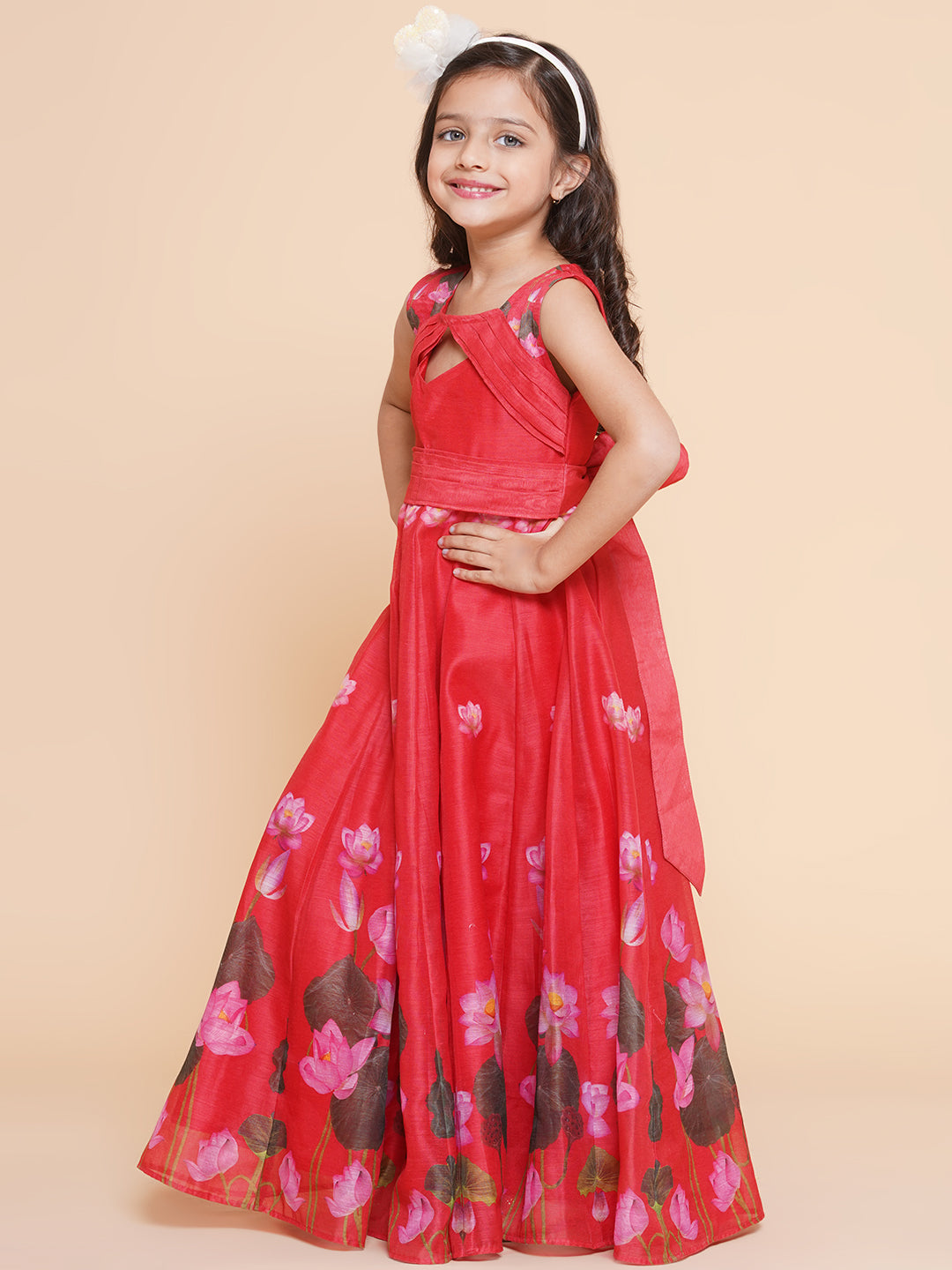 Bitiya By Bhama Girls Red Floral Printed Dress