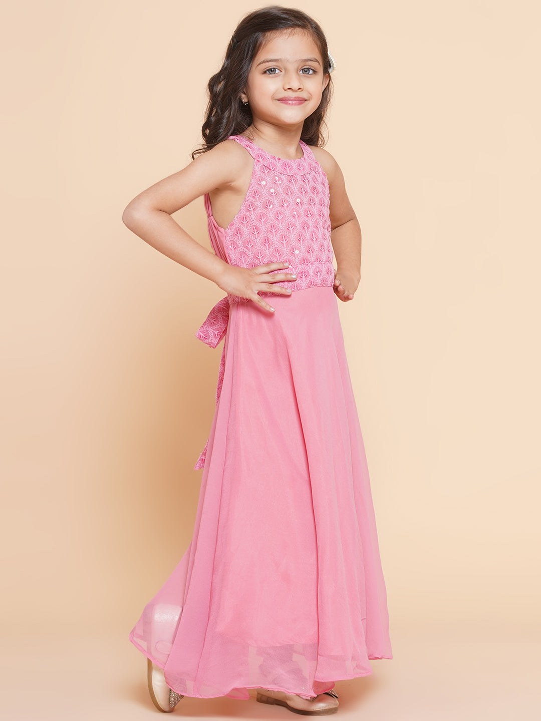 Bitiya By Bhama Girls Pink Embroidered Sequence Yoke Fit & Flared Maxi Dress.