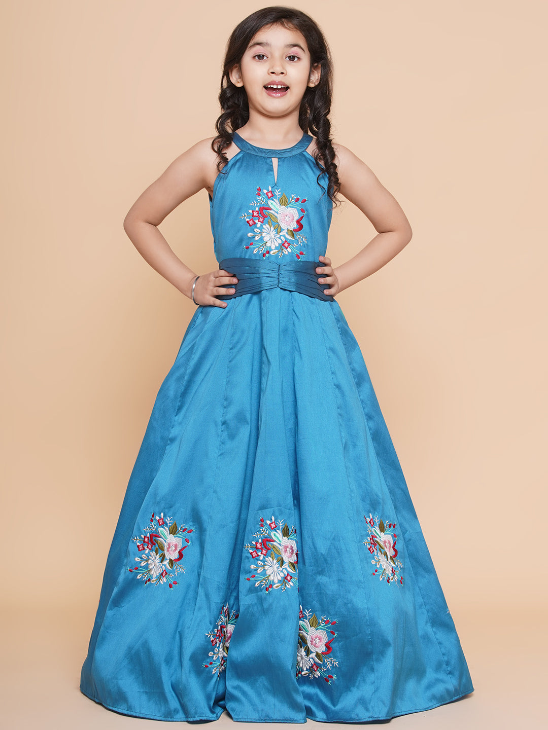 Bitiya By Bhama Girls Blue Embroiderd Flower Fit & Flared Maxi Dress.