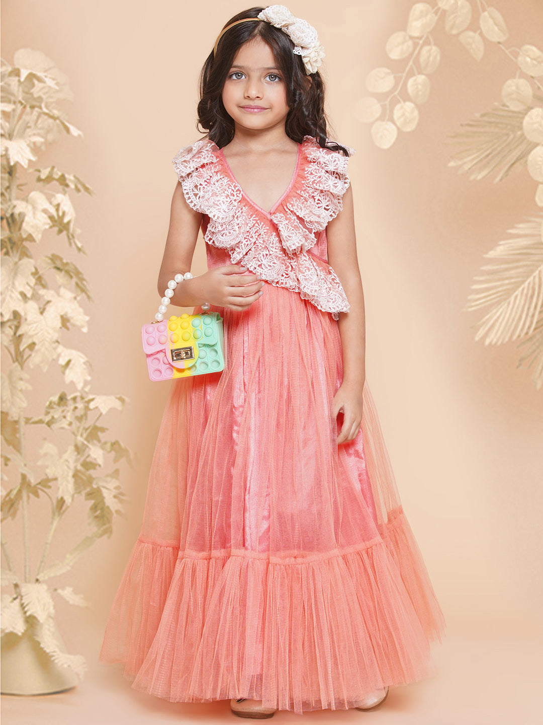 Bitiya By Bhama Girls Peach Net Embroidered Frill Gown