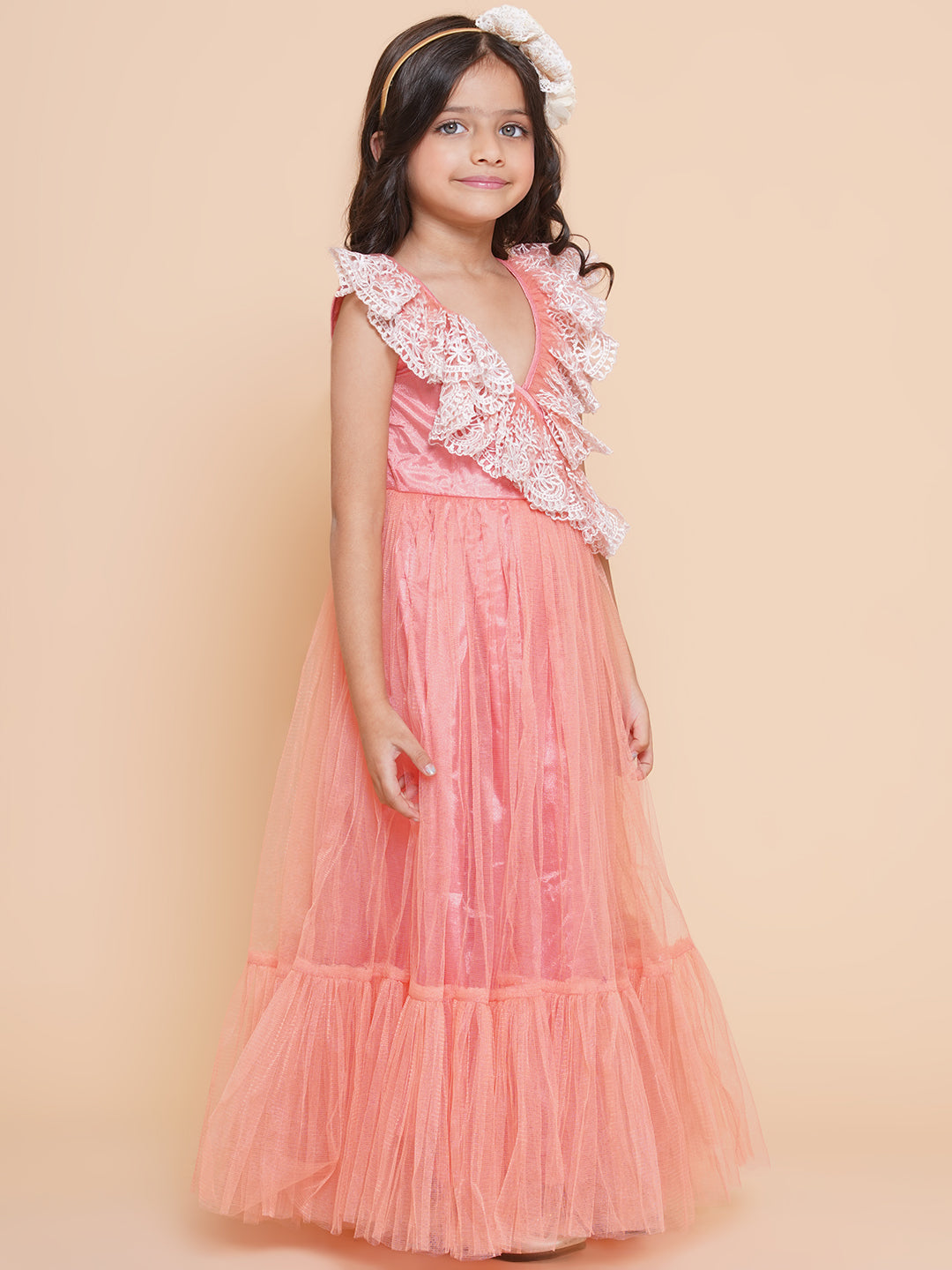 Bitiya By Bhama Girls Peach Net Embroidered Frill Gown