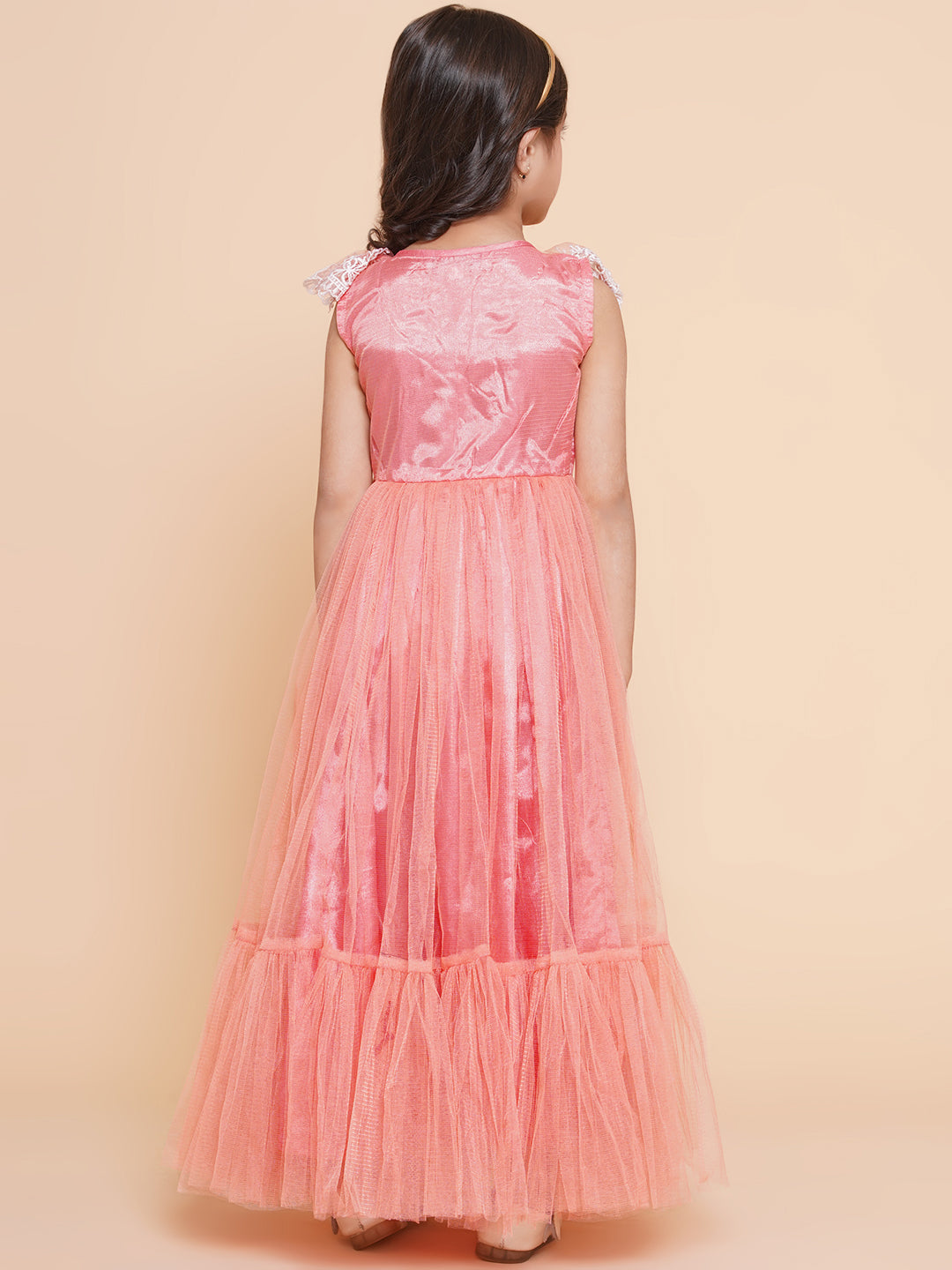 Bitiya By Bhama Girls Peach Net Embroidered Frill Gown