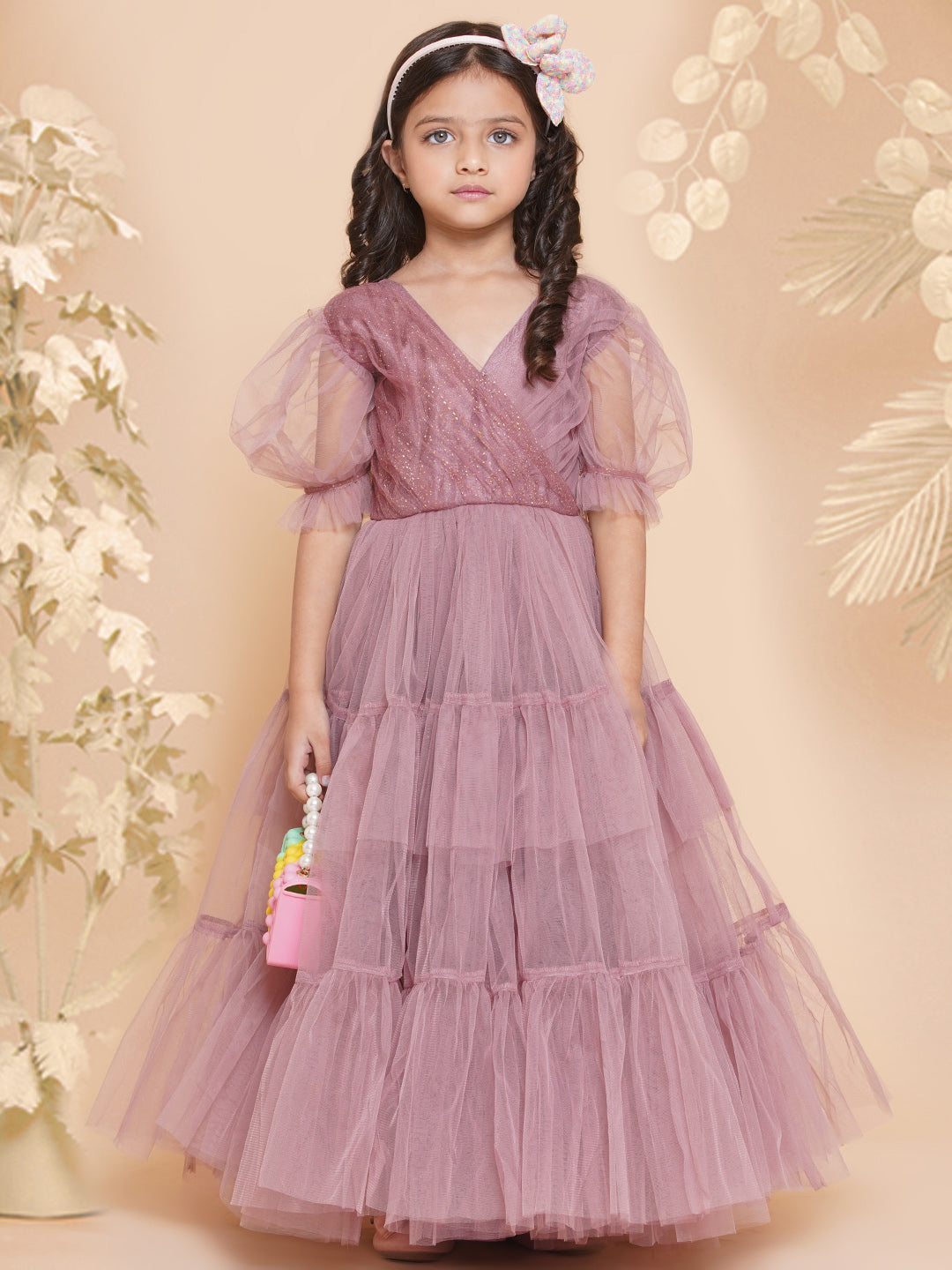 Bitiya By Bhama Girls Onion Pink Net Embellished Fit & Flared Maxi Dress.