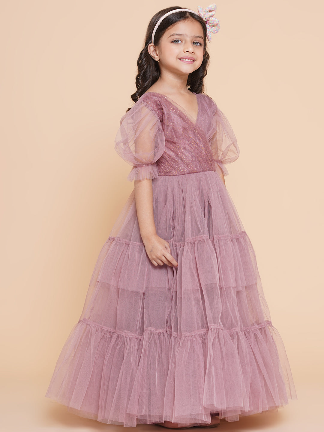 Bitiya By Bhama Girls Onion Pink Net Embellished Fit & Flared Maxi Dress.
