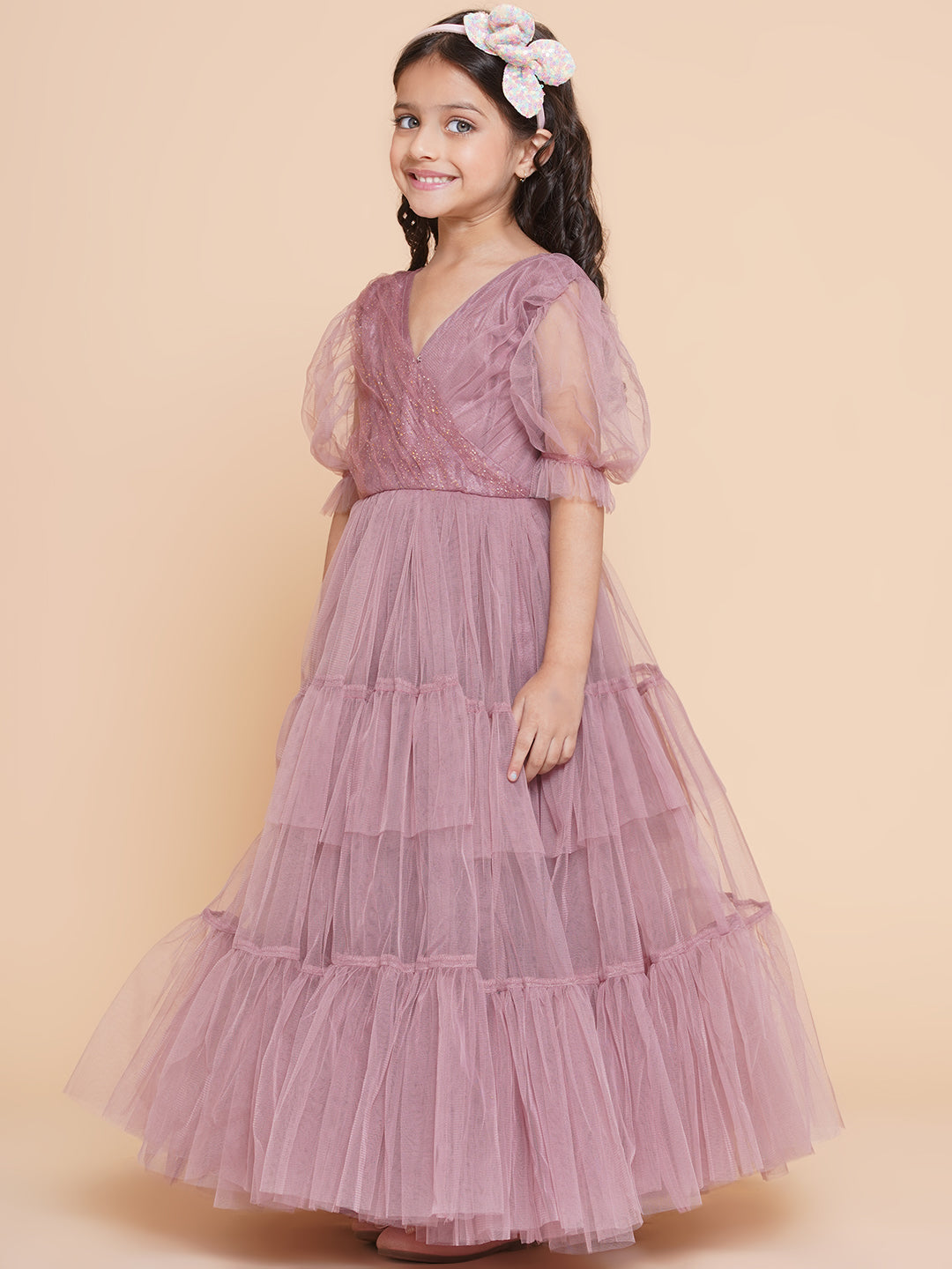 Bitiya By Bhama Girls Onion Pink Net Embellished Fit & Flared Maxi Dress.