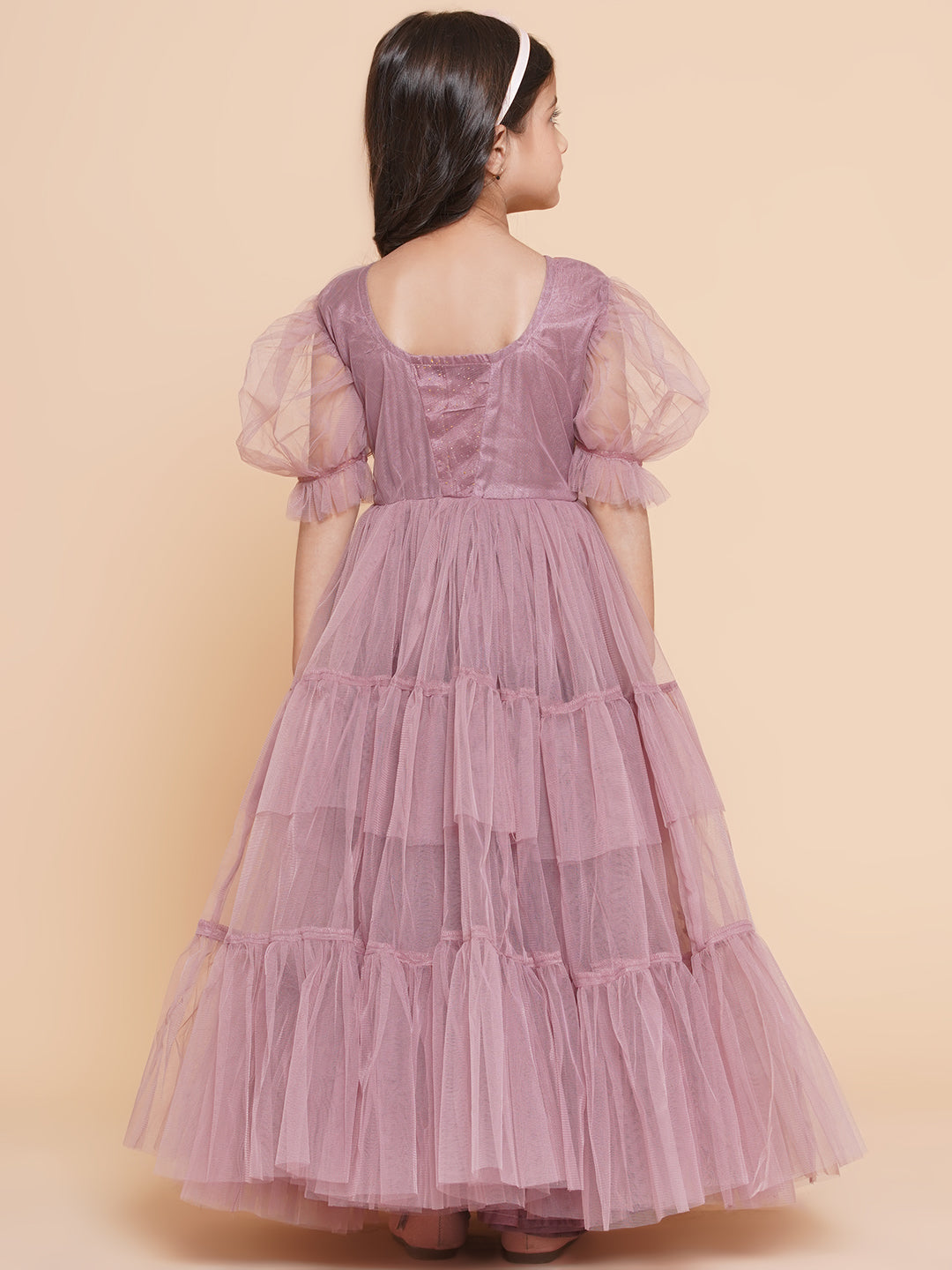 Bitiya By Bhama Girls Onion Pink Net Embellished Fit & Flared Maxi Dress.