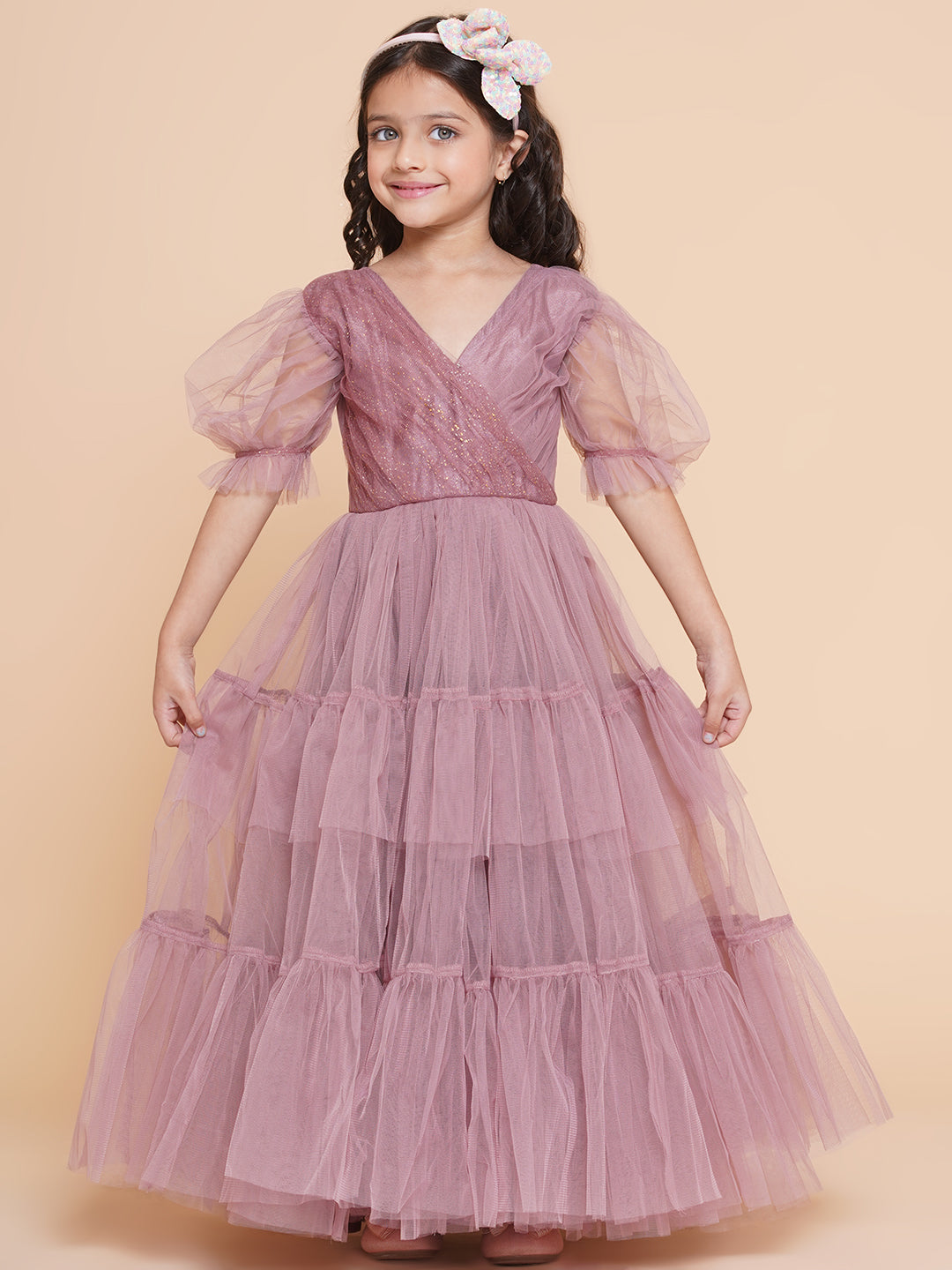 Bitiya By Bhama Girls Onion Pink Net Embellished Fit & Flared Maxi Dress.