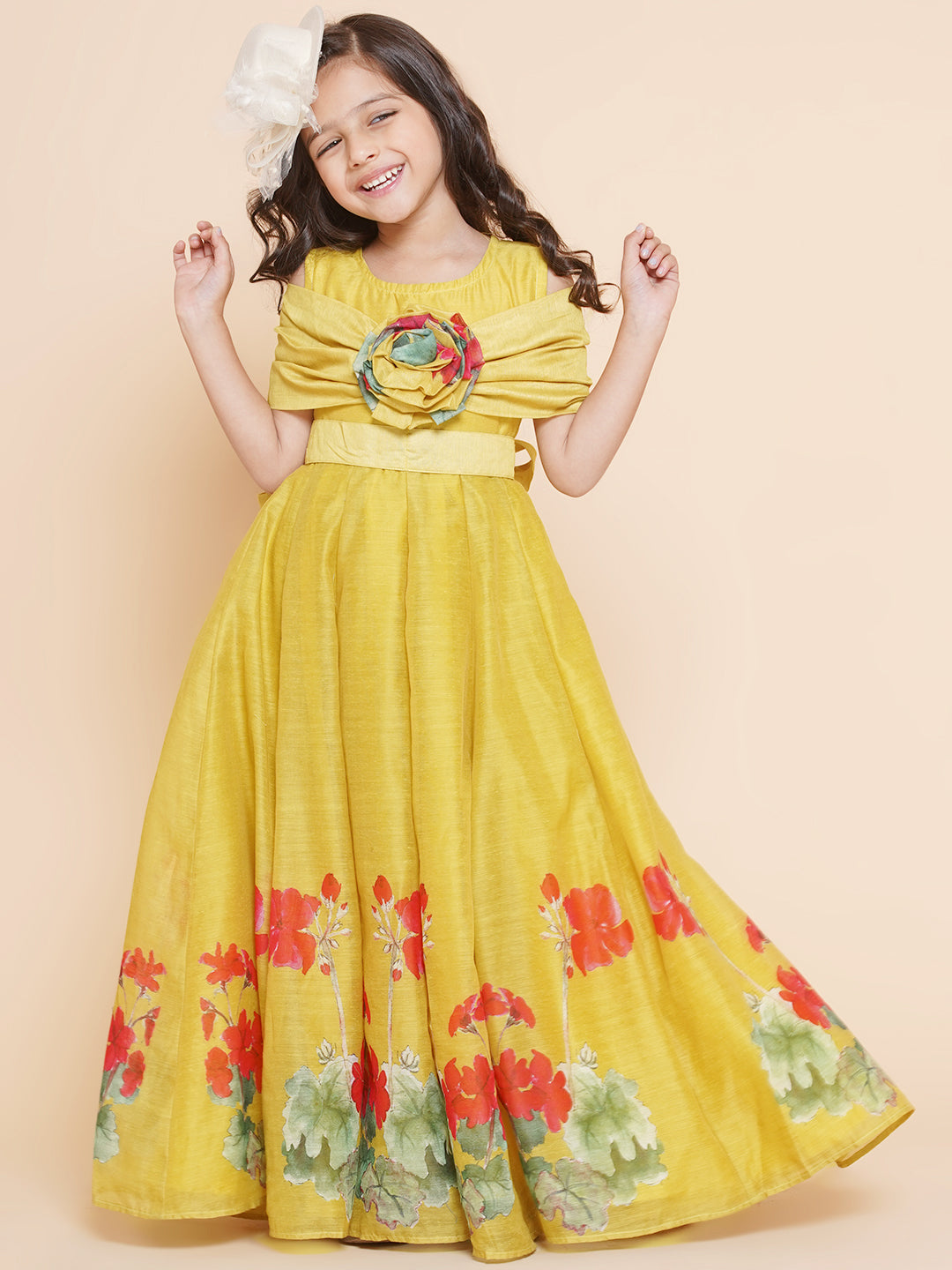 Bitiya By Bhama Girls Yellow Floral Printed Dress