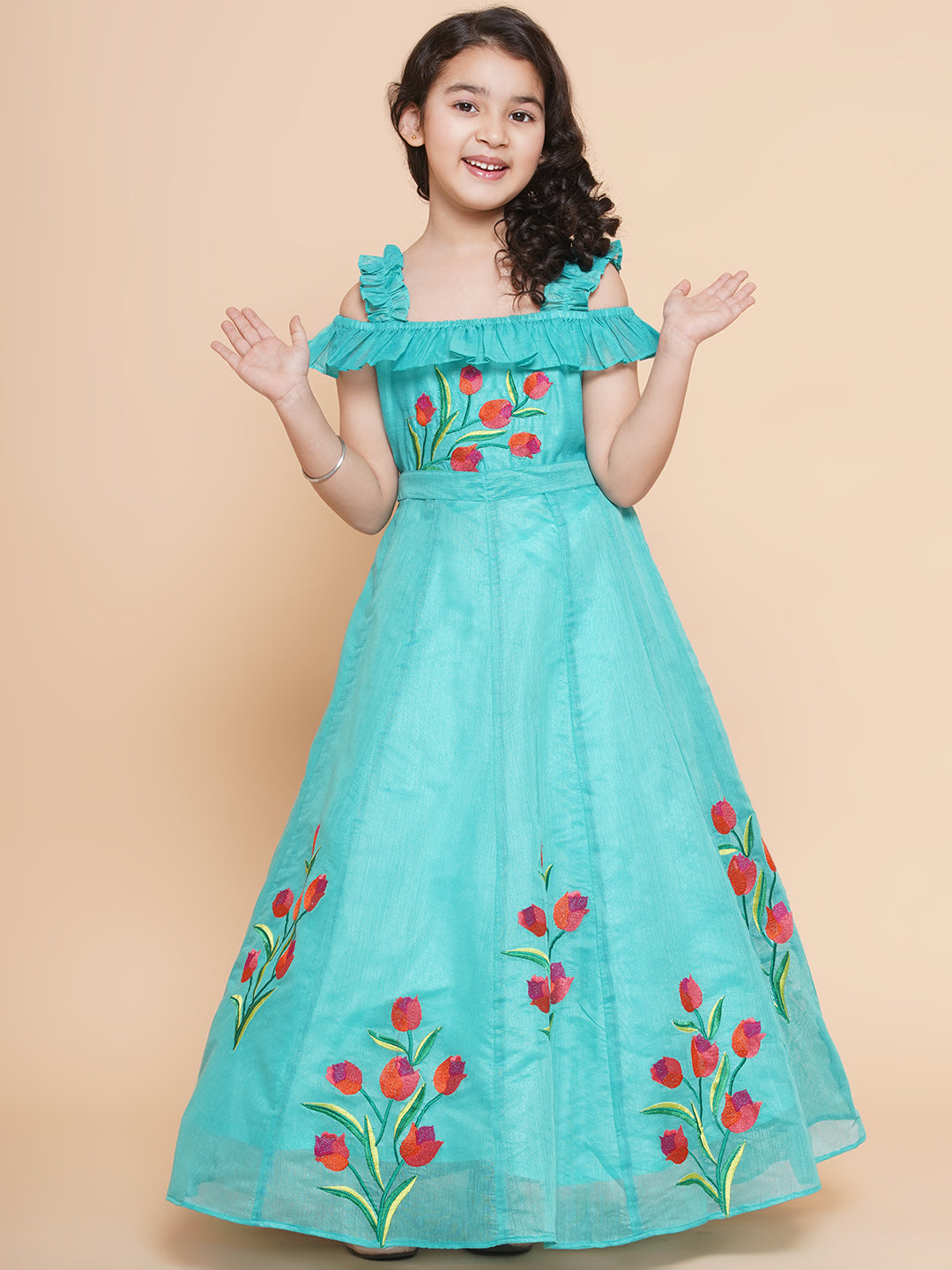 Bitiya By Bhama Sea Green Floral Embroidered Maxi Dress