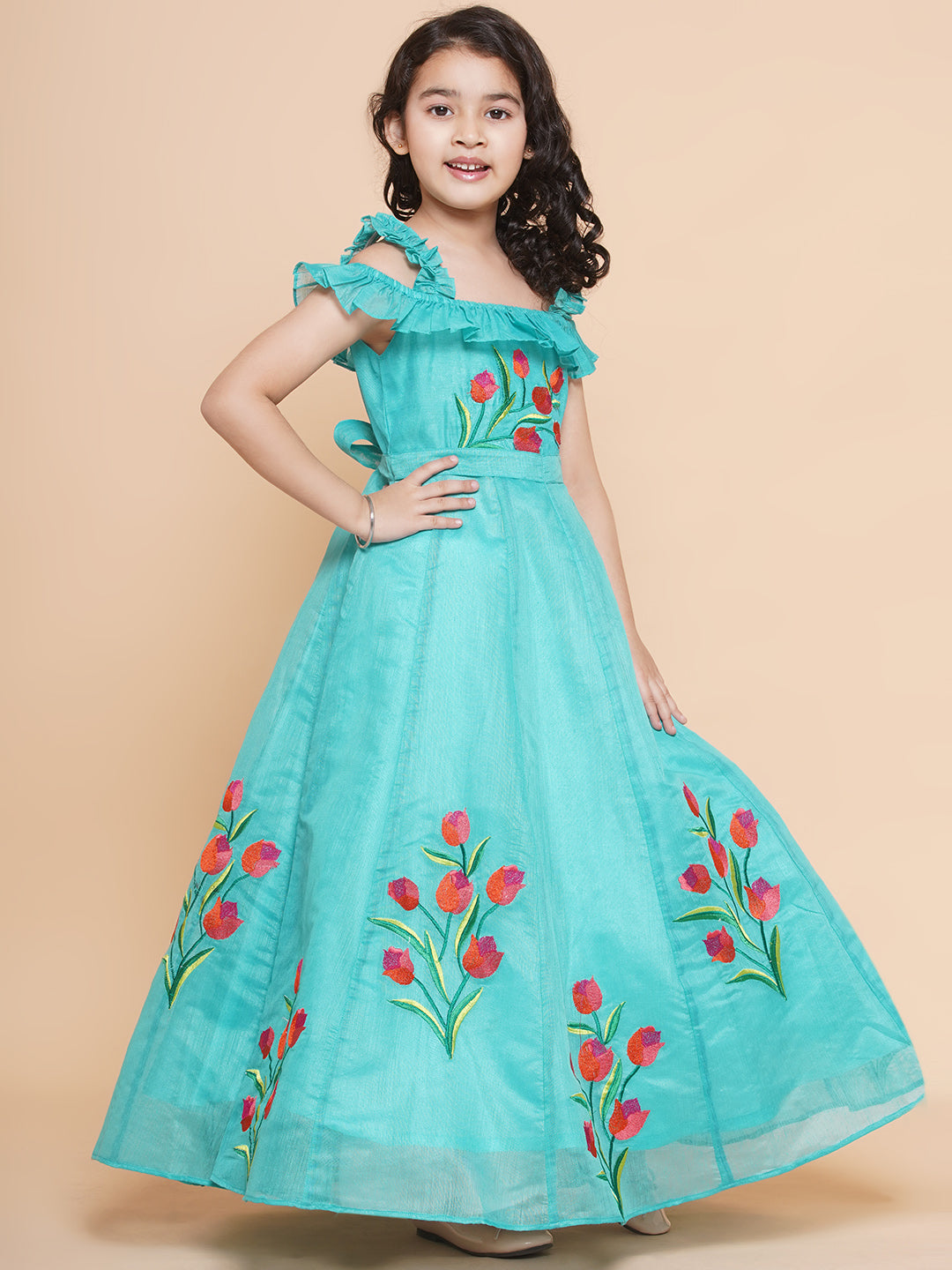 Bitiya By Bhama Sea Green Floral Embroidered Maxi Dress