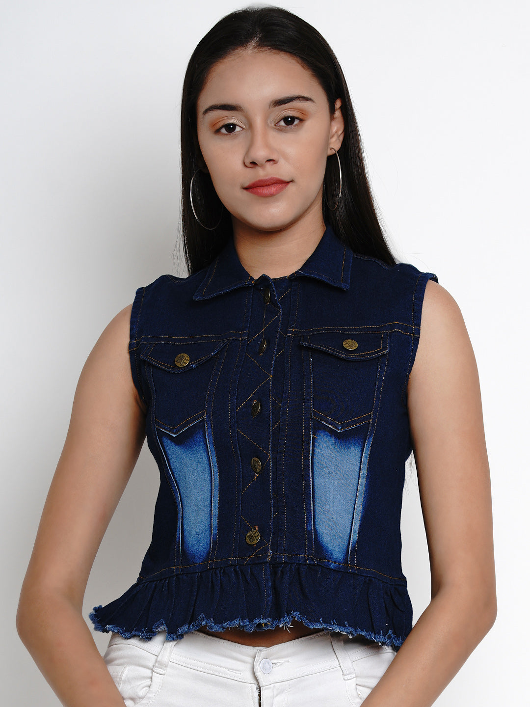 Bhama Cuture Blue Solid Lightweight Crop Denim Jacket
