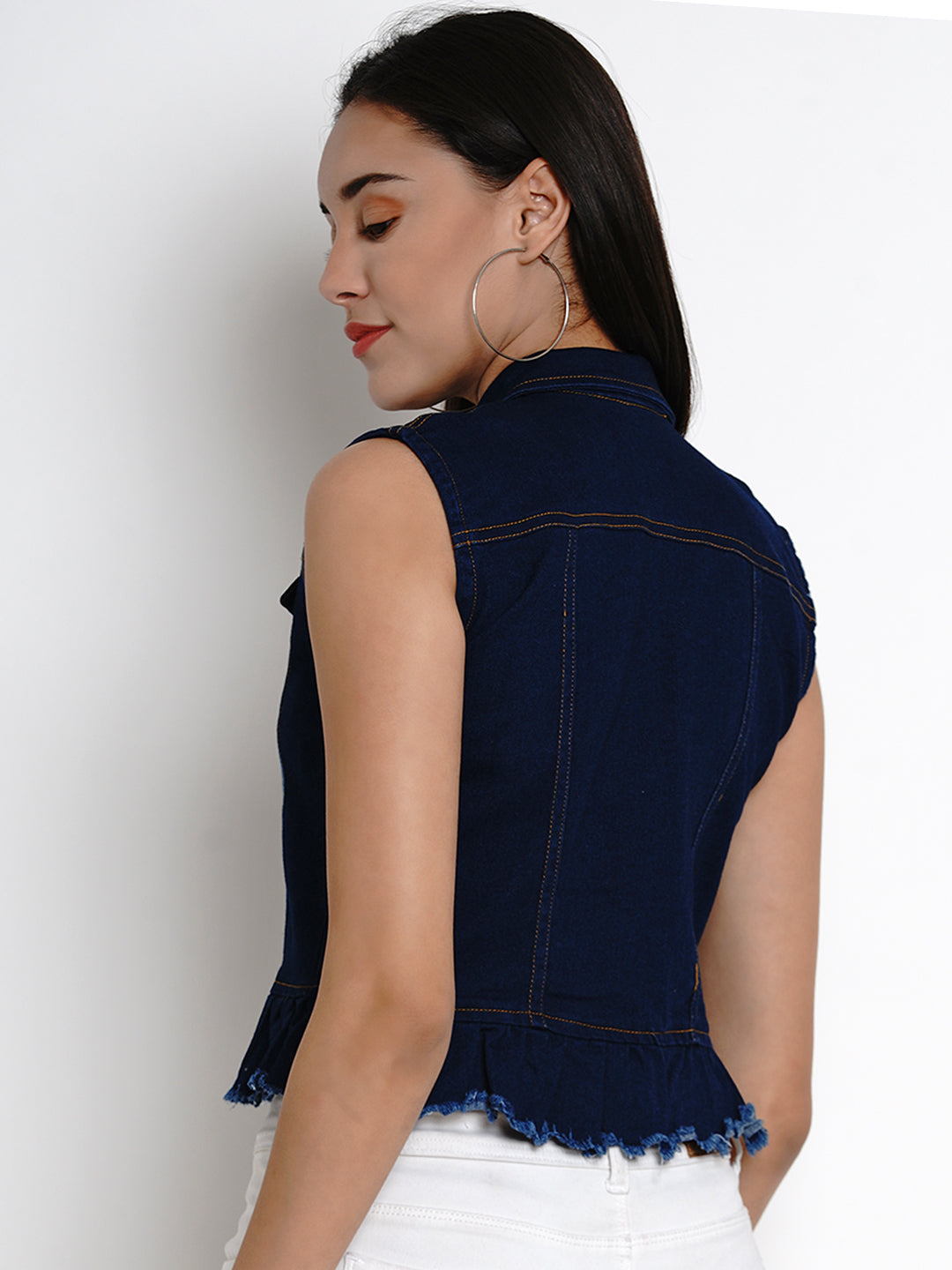 Bhama Cuture Blue Solid Lightweight Crop Denim Jacket