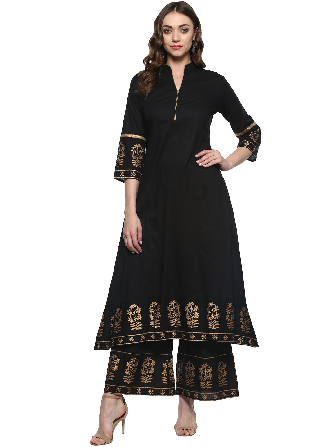 Black And Gold-Toned Solid Kurta With Palazzos.