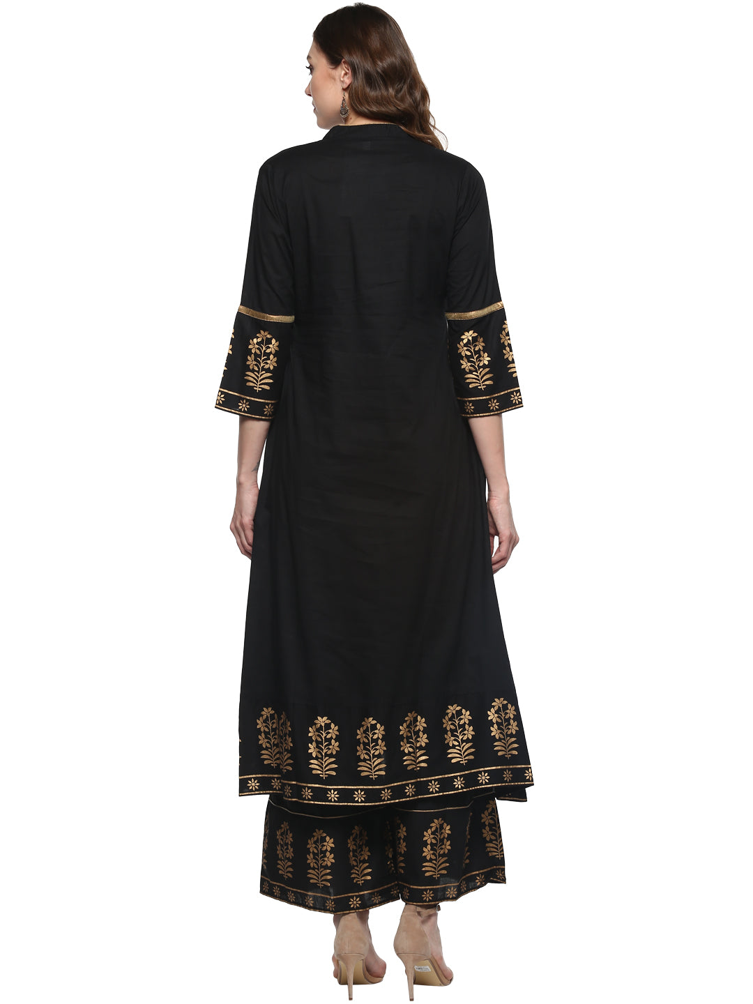 Black And Gold-Toned Solid Kurta With Palazzos.