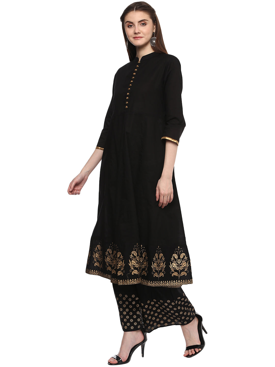 Black And Golden Solid Kurta With Palazzos.