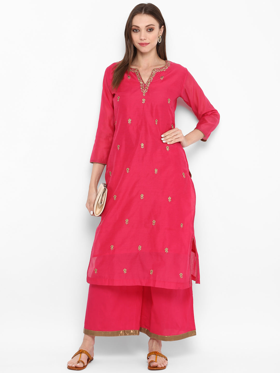 Pink And Golden Embroidered Kurta With Palazzos