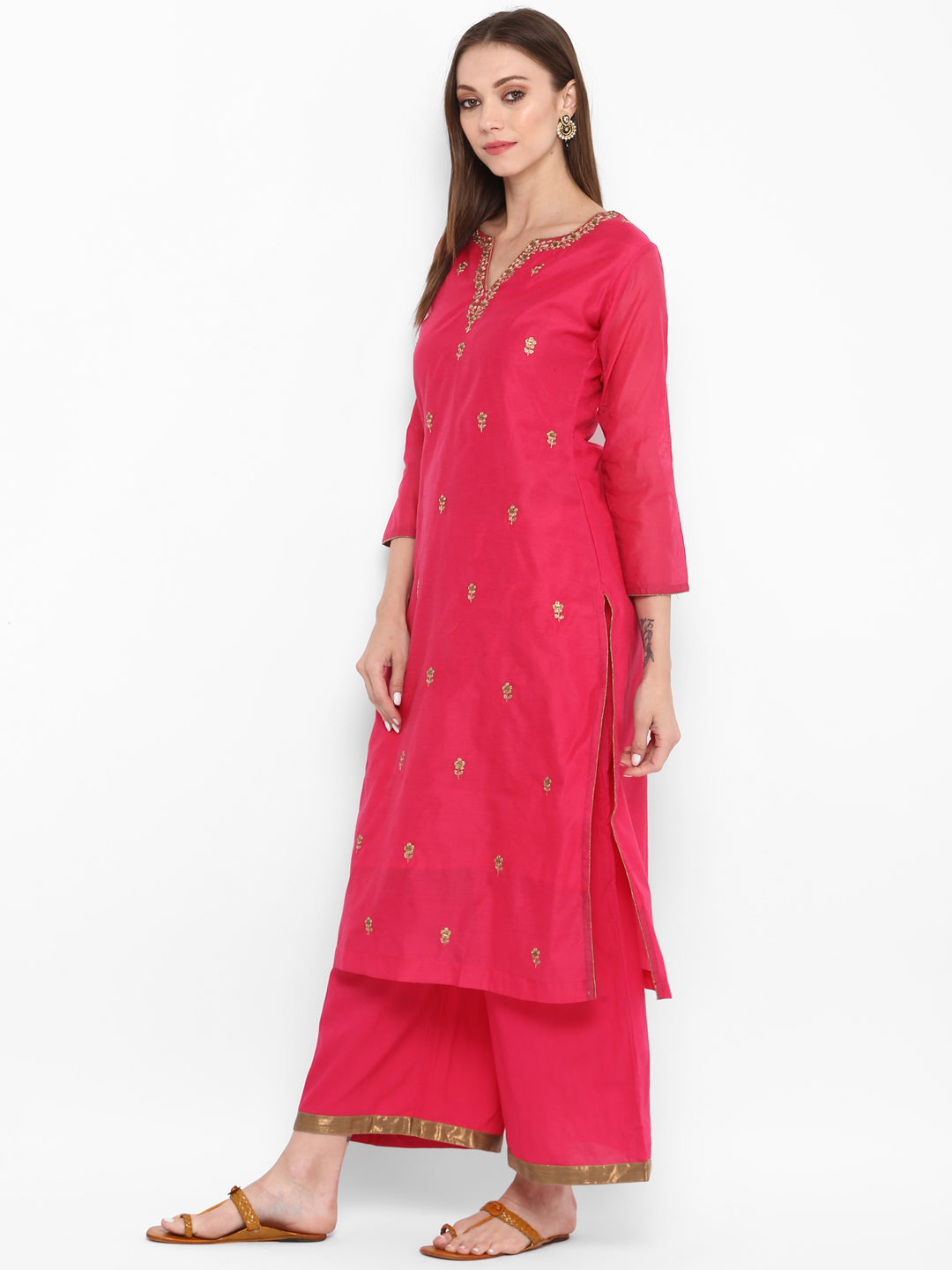 Pink And Golden Embroidered Kurta With Palazzos