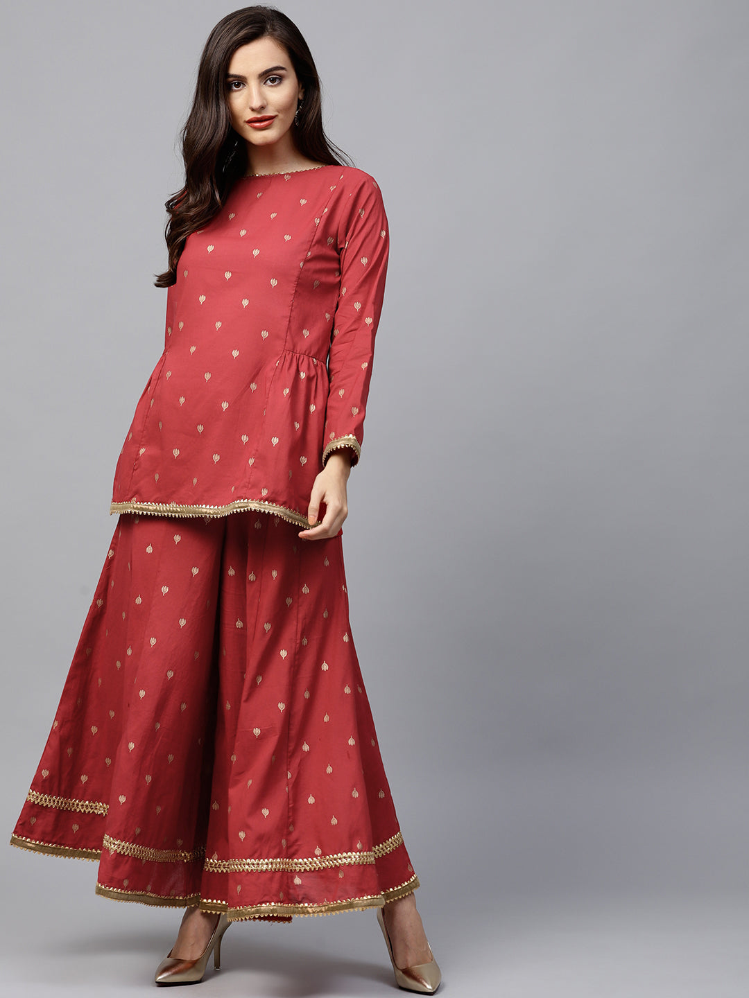 Red And Golden Printed Kurta With Palazzos.