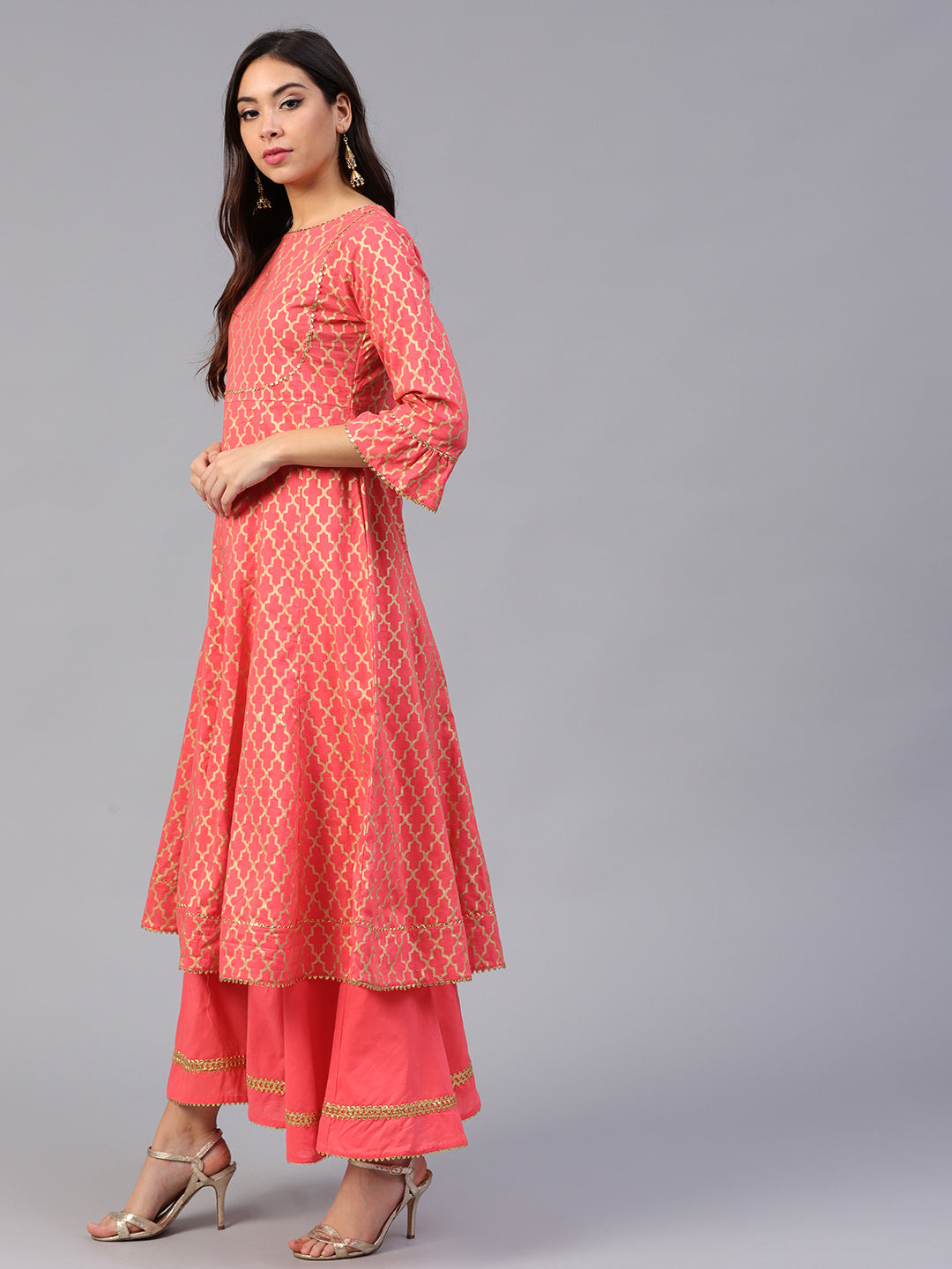Coral Pink And Golden Printed Kurta With Palazzos.