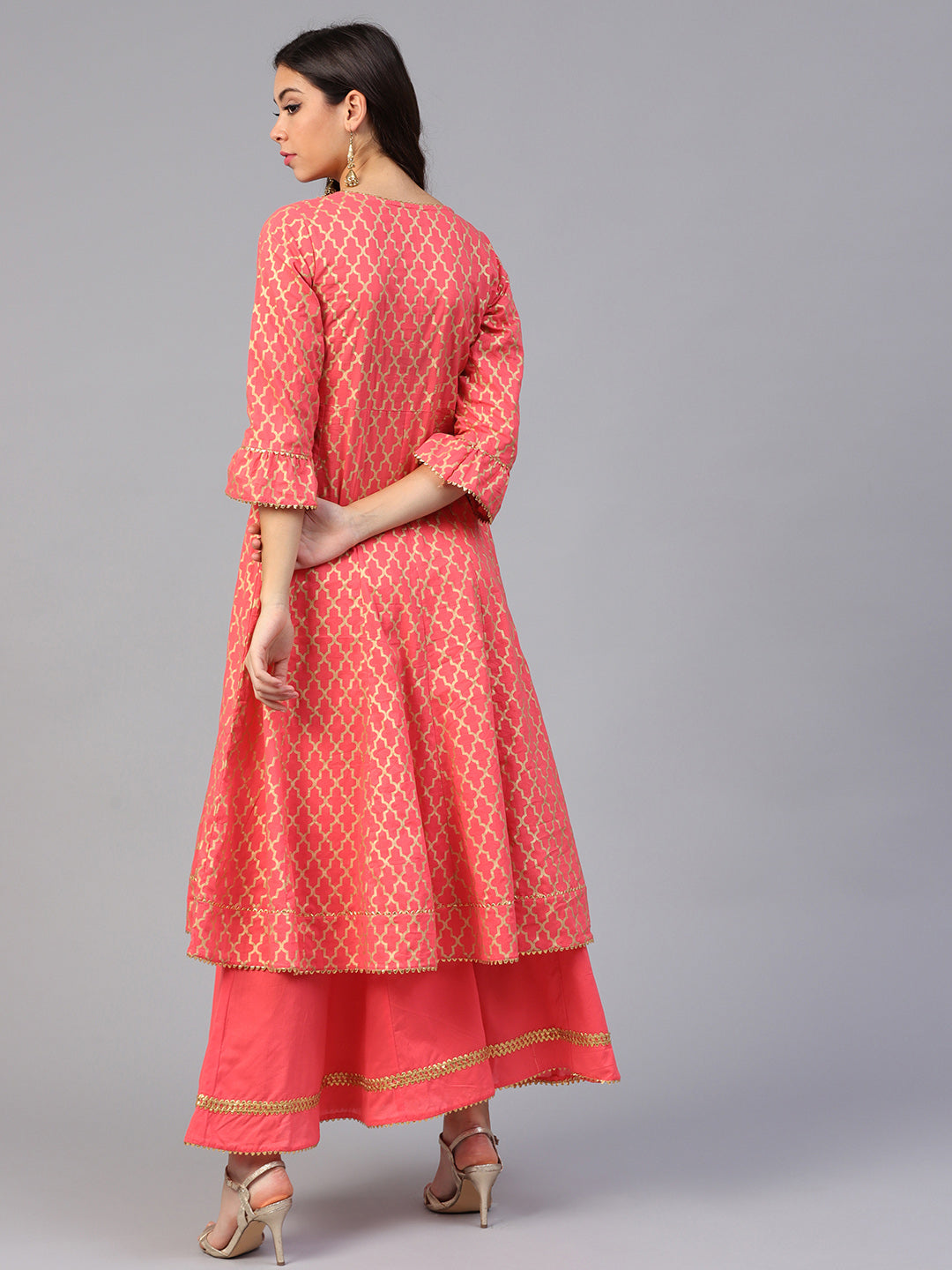Coral Pink And Golden Printed Kurta With Palazzos.