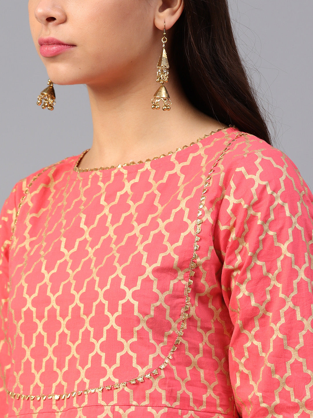 Coral Pink And Golden Printed Kurta With Palazzos.