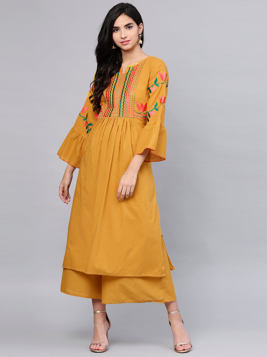 Bhama Couture Women Mustard Yellow Yoke Design Kurta with Palazzos