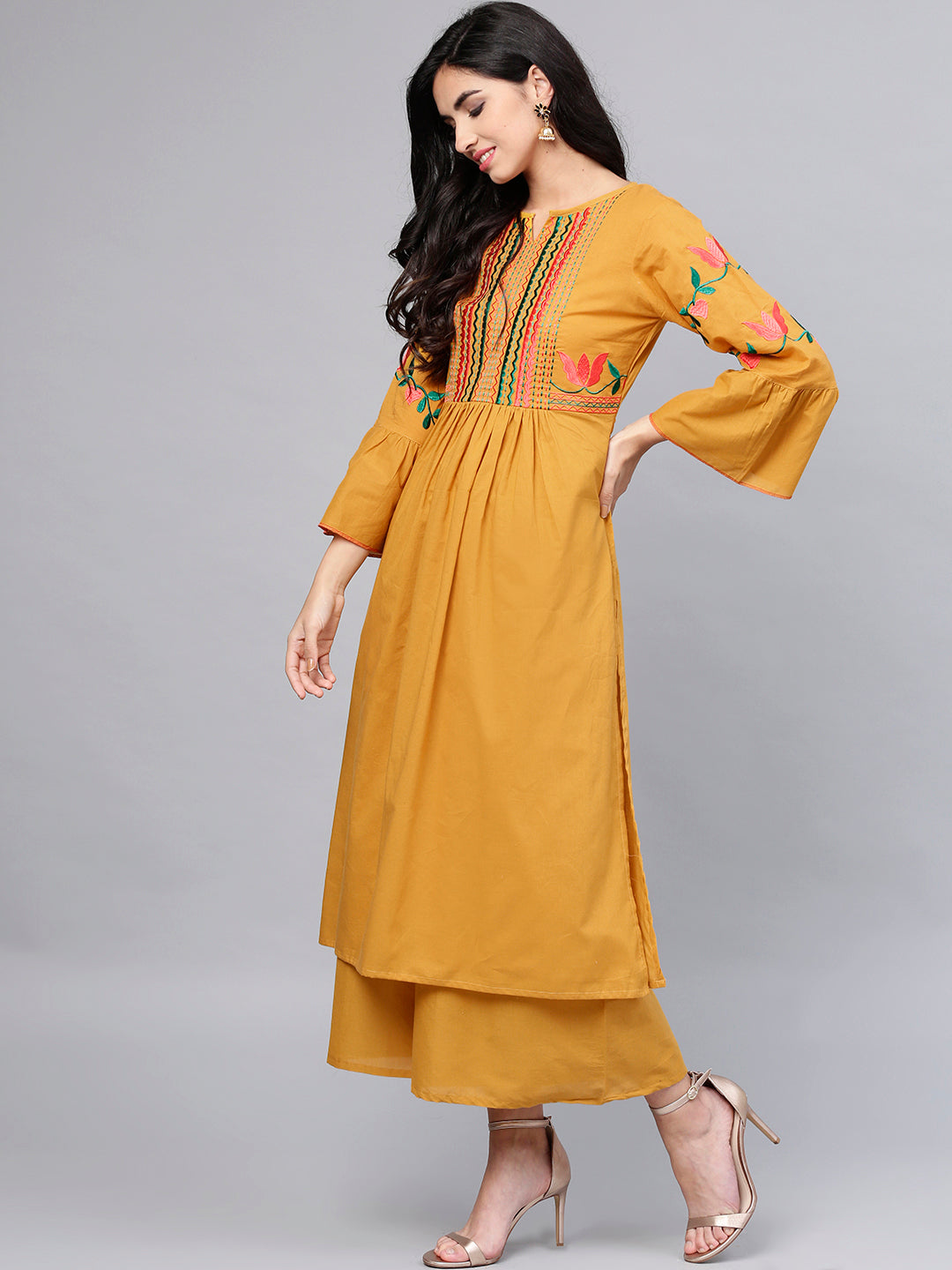 Bhama Couture Women Mustard Yellow Yoke Design Kurta with Palazzos
