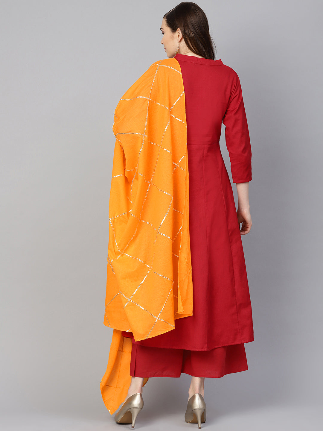Bhama Couture Women Red & Mustard Yellow Yoke Design Kurta with Palazzos & Dupatta