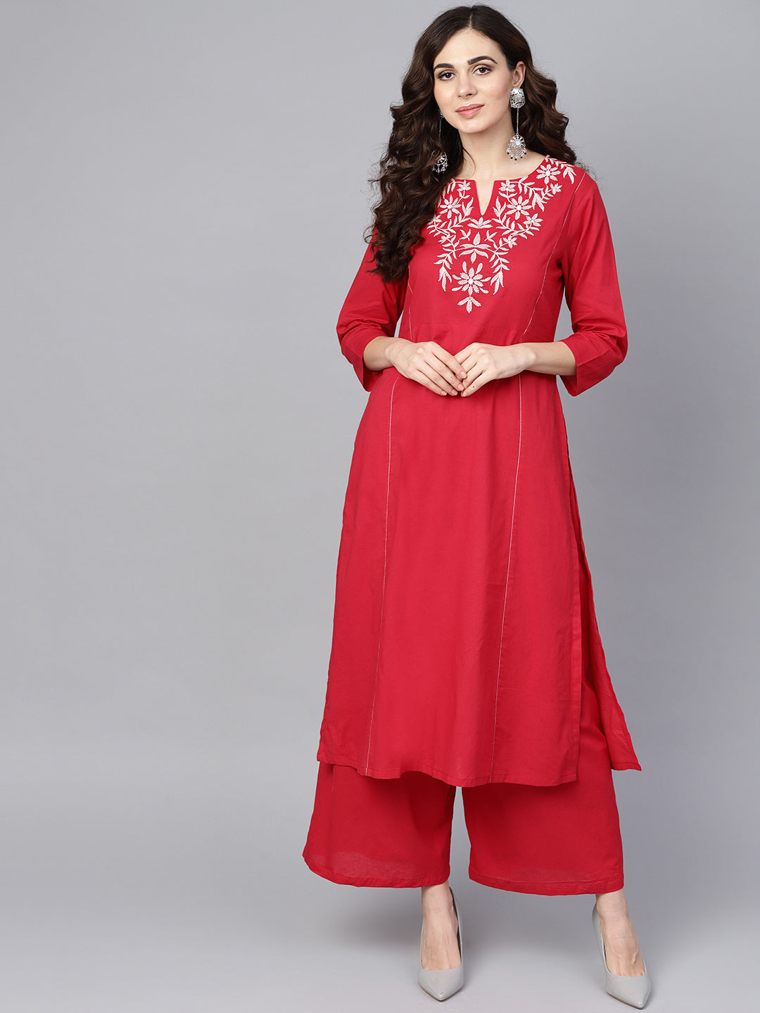 Bhama Couture Women Red Embroidered Kurta with Palazzos