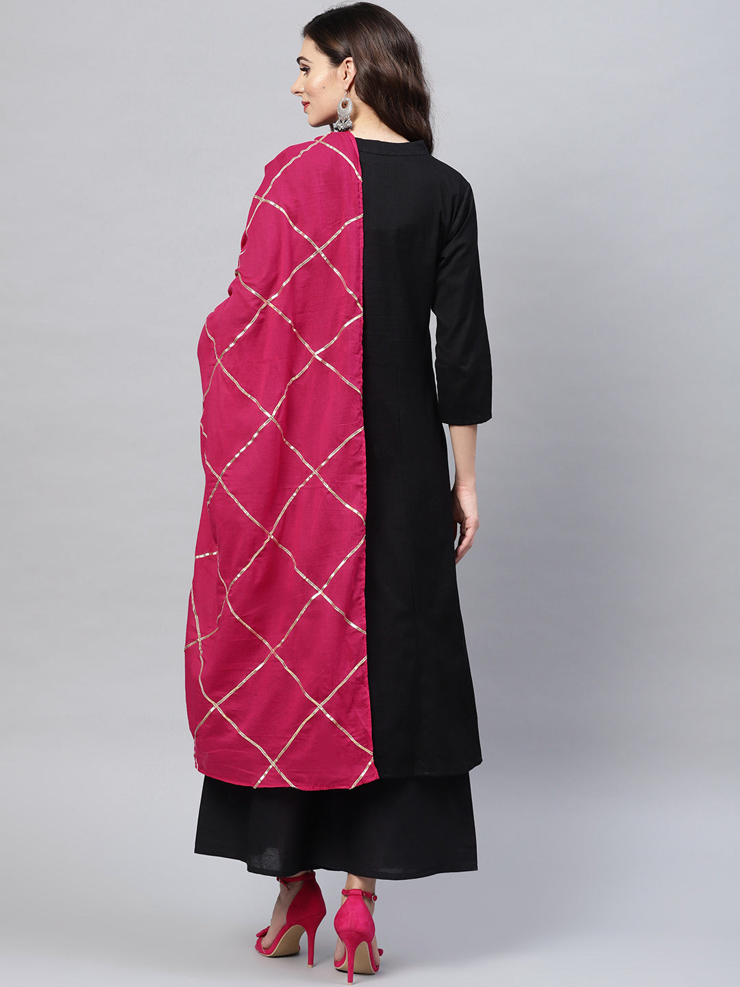 Black Self Design Kurta With Palazzos & Dupatta.