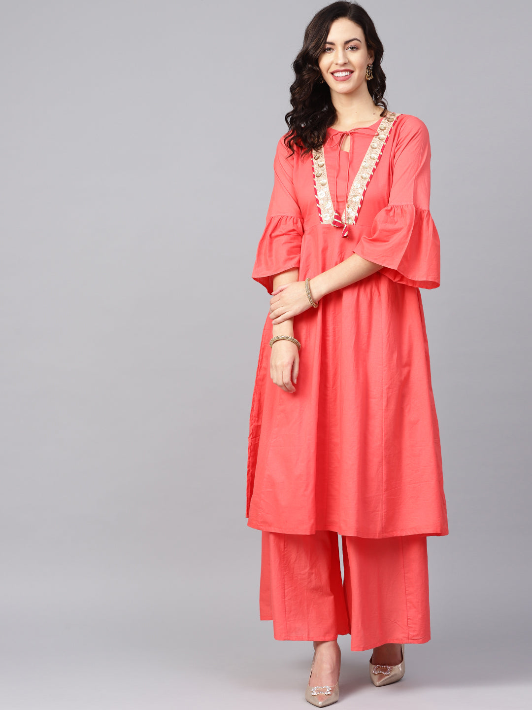 Bhama Couture Women Peach-Coloured Solid Kurta with Palazzos