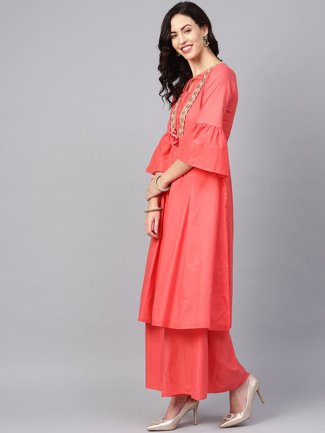 Bhama Couture Women Peach-Coloured Solid Kurta with Palazzos