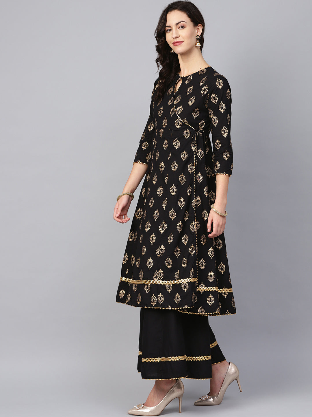 Black And Golden Printed Kurta With Palazzos