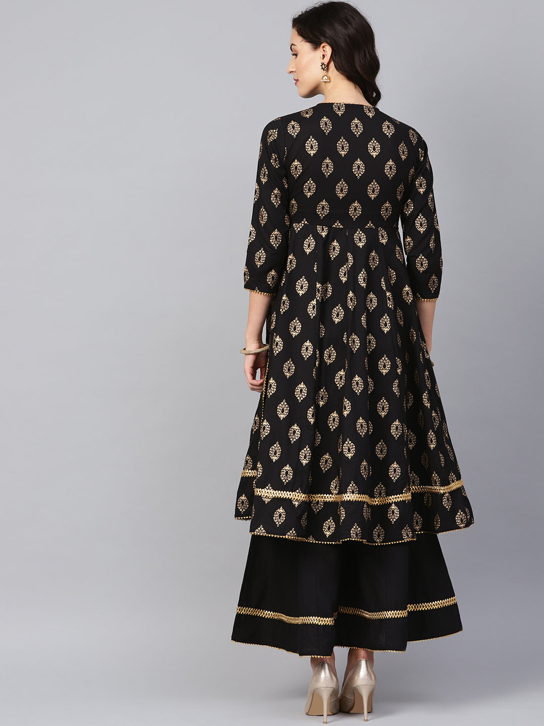 Black And Golden Printed Kurta With Palazzos